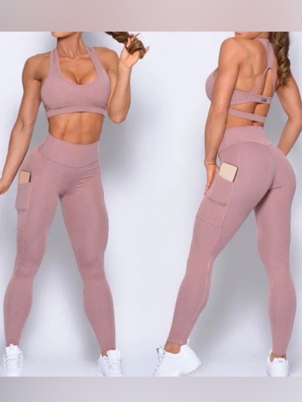 Bombshell Sportswear Mauve Pink High-Waist Ribbed Leggings and matching top - Picture 2 of 4